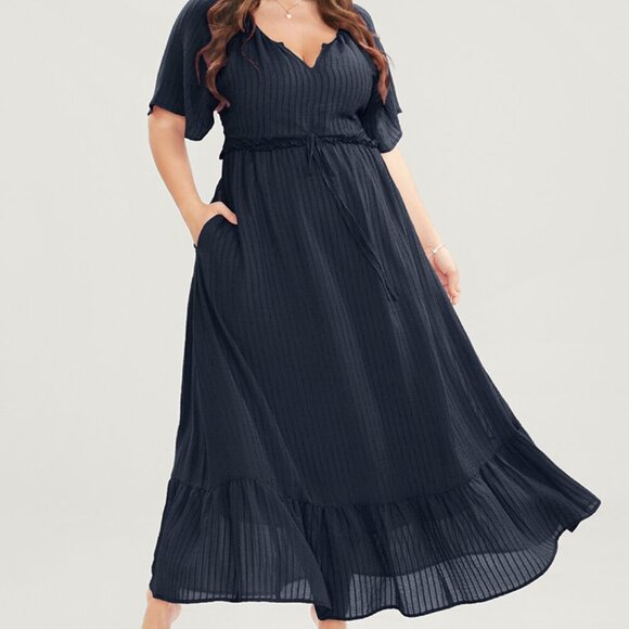 Bloomchic Plus Size  Solid Striped Notched Ties Up Pocket Flutter Maxi Dress - Picture 1 of 7